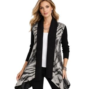 Alberto Makali Wool Blend Abstract Knit Draped Cardigan Black White Size M